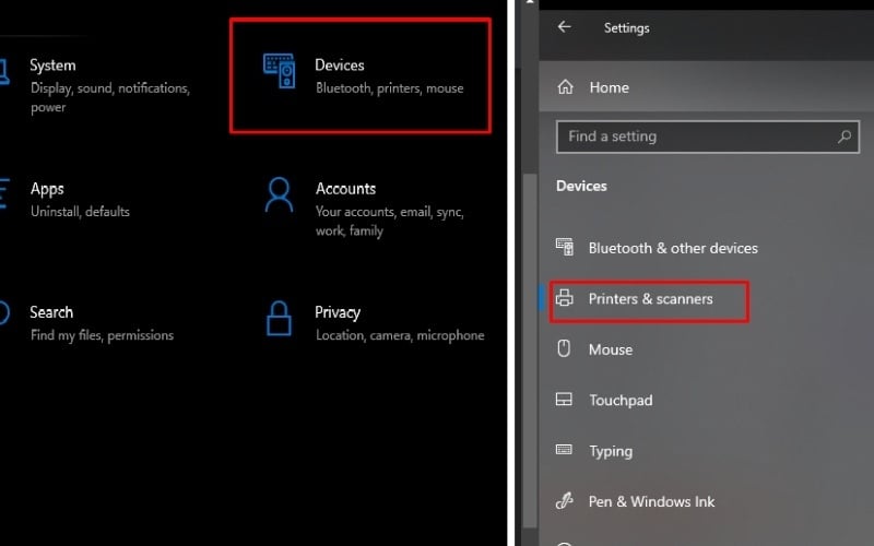 Chọn mục Printers & scanners