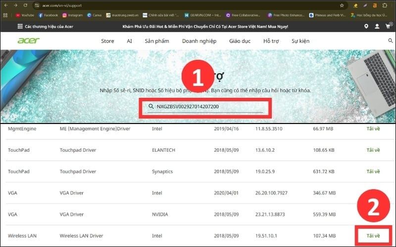 Cài đặt lại driver WiFi từ trang chủ Acer Support bằng cách nhập số Serial Number