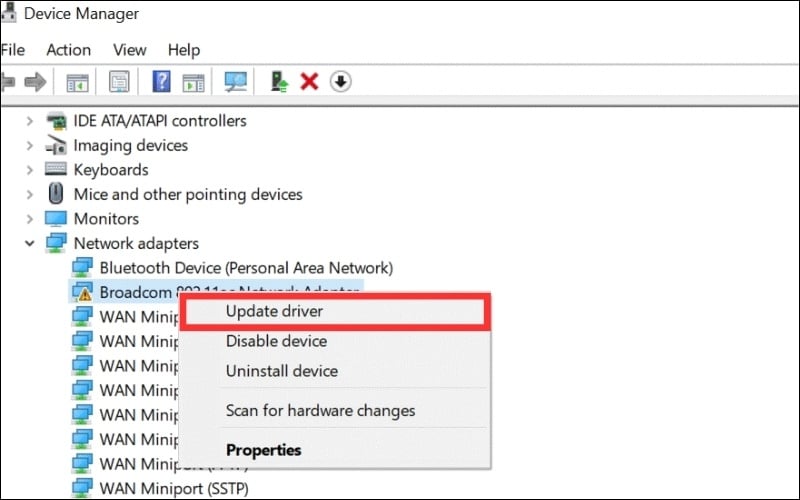 Update driver với tên mạng có dấu chấm than vàng