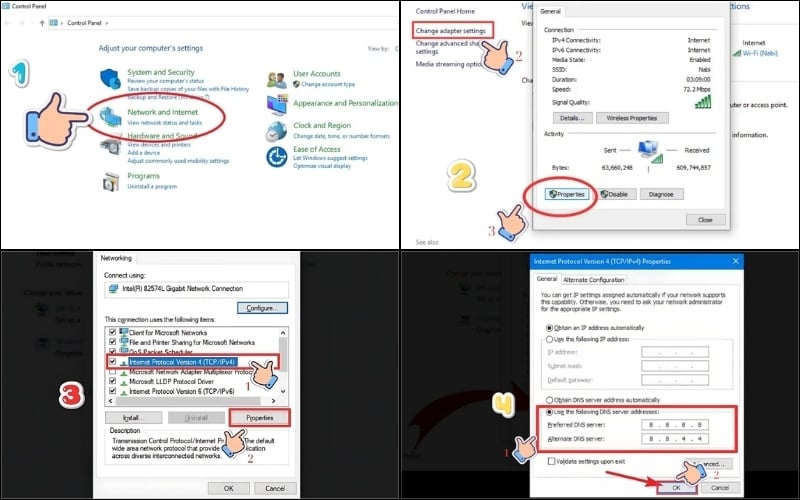Thay đổi DNS bằng cách điền 8.8.8.8 và 8.8.4.4 trong&nbsp;Internet Protocol