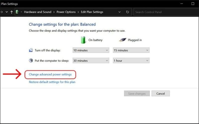 Chọn Change advanced power settings