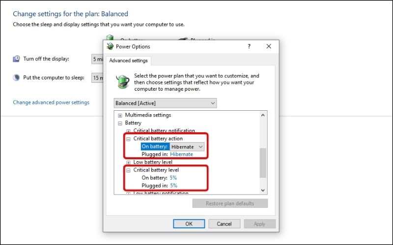Chỉnh Critical battery action thành Hibernate và Critical battery level về mức 5%
