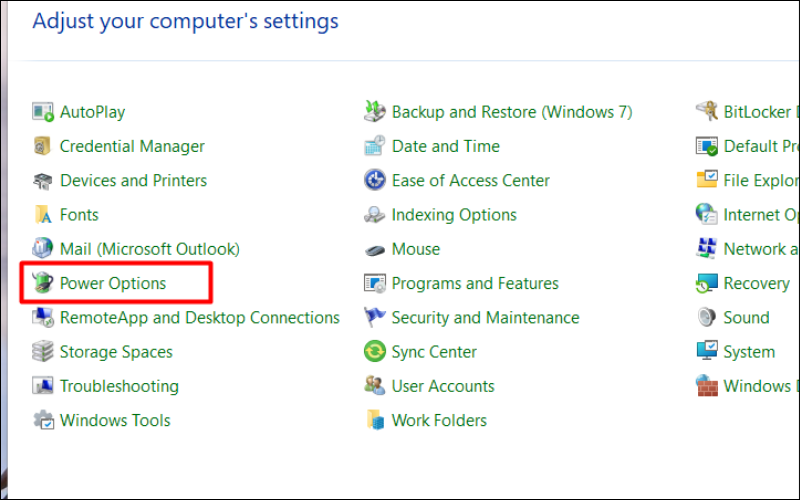 Chọn&nbsp;Power Options