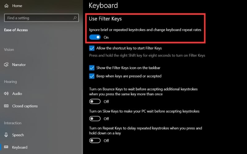 Tắt tính năng Filter Keys trong mục Ease of Access để mở khóa bàn phím laptop Acer bị đơ