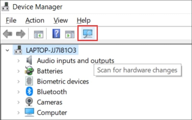 Chọn biểu tượng Scan for hardware changes để hệ thống tự động nhận diện bàn phím