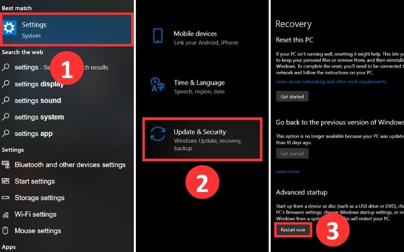 Chọn Restart trọng mục Advanced Startup để truy cập vào BIOS