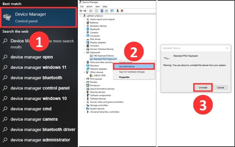 Unistall driver bàn phím trong Device Manager
