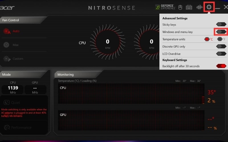 Tắt phím Windows and menu key trong NitroSense