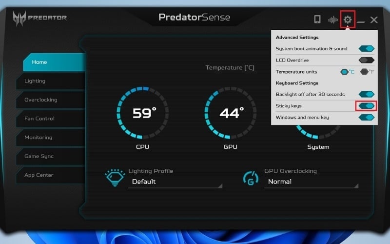 Thực hiện khóa phím trong phần mềm PredatorSense