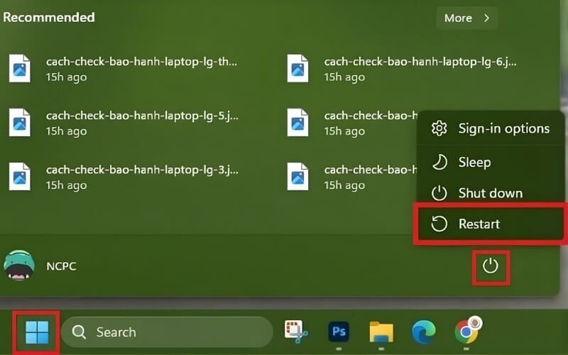 Sử dụng Menu Start để khởi động lại laptop