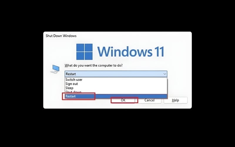 Sử dụng tổ hợp phím tắt Alt + F4 để khởi động lại laptop