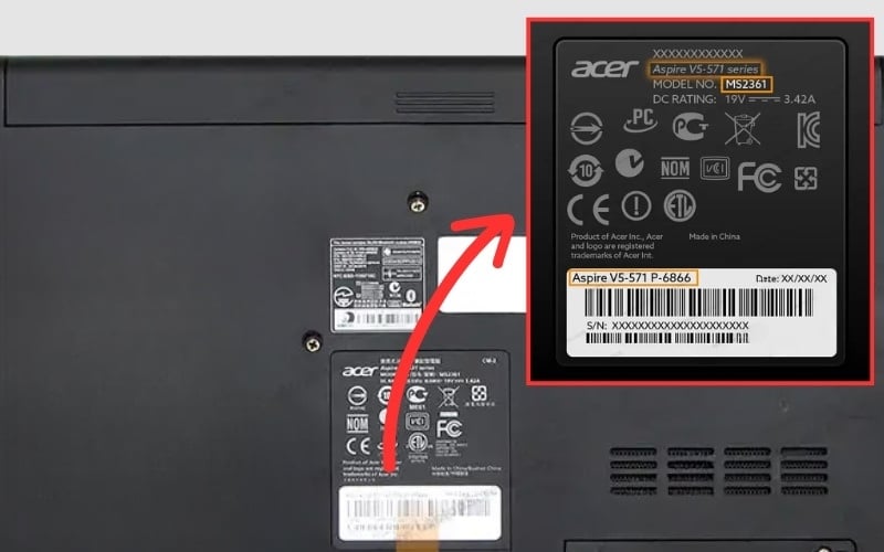 Kiểm tra đời máy Acer qua tem dán mặt đáy laptop