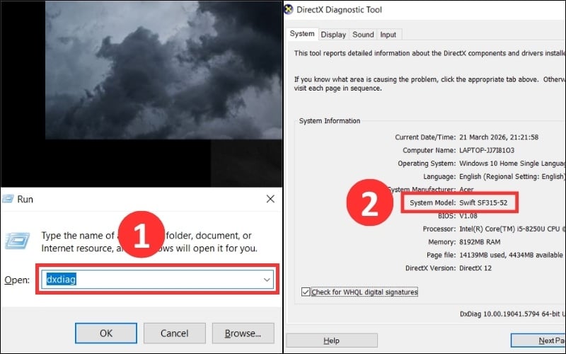 Kiểm tra đời máy Acer bằng lệnh&nbsp;Dxdiag trong DirectX Diagnostic Tool