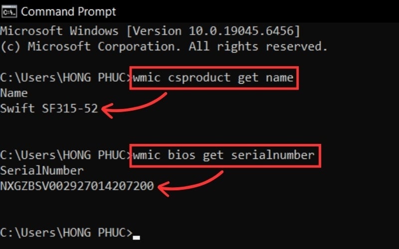 Kiểm tra đời máy Acer bằng cách nhập lệnh trong&nbsp;Command Prompt