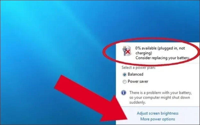 Windows hiển thị cảnh báo lỗi pin kèm thông báo yêu cầu người dùng cân nhắc thay thế