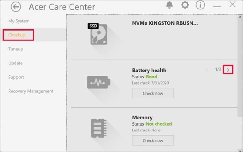 Tại giao diện chính, chọn tab Checkup, sau đó tìm đến phần Battery Health