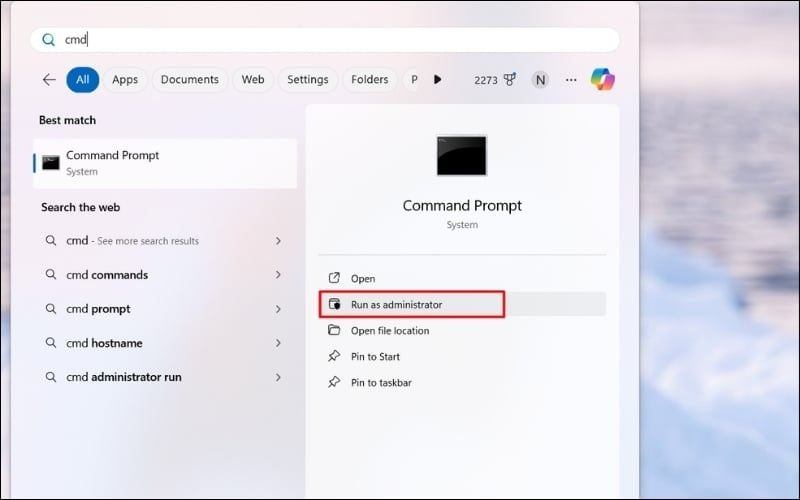 Nhấn phím Windows, gõ cmd, chuột phải vào kết quả và chọn Run as Administrator