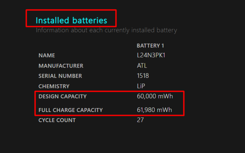 Mở báo cáo tình trạng pin và kiểm tra các thông số