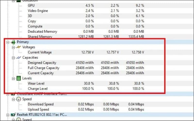 Dòng Wear Level sẽ hiển thị trực tiếp tỷ lệ chai pin của máy