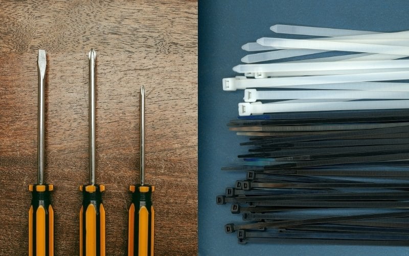 Chuẩn bị tua vít phù hợp và vài sợi dây rút nhựa