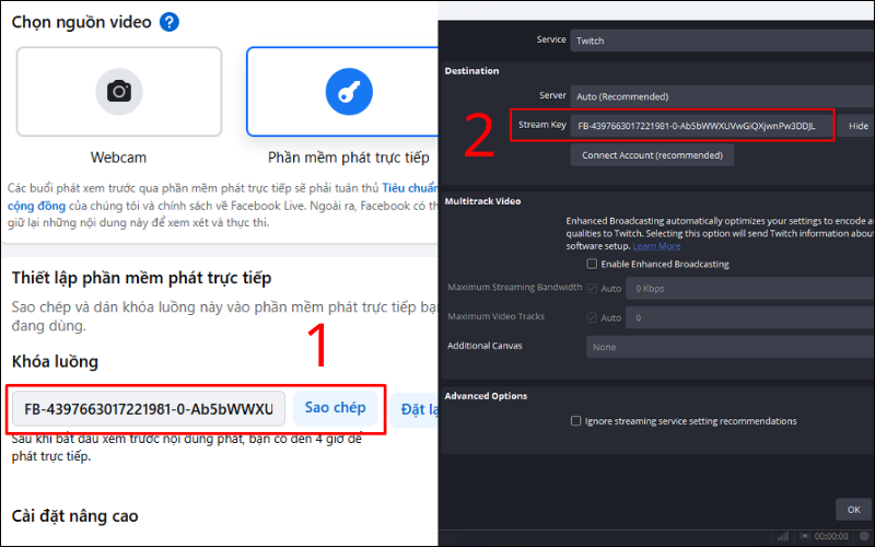 Sao chép streaming key và dán vào OBS