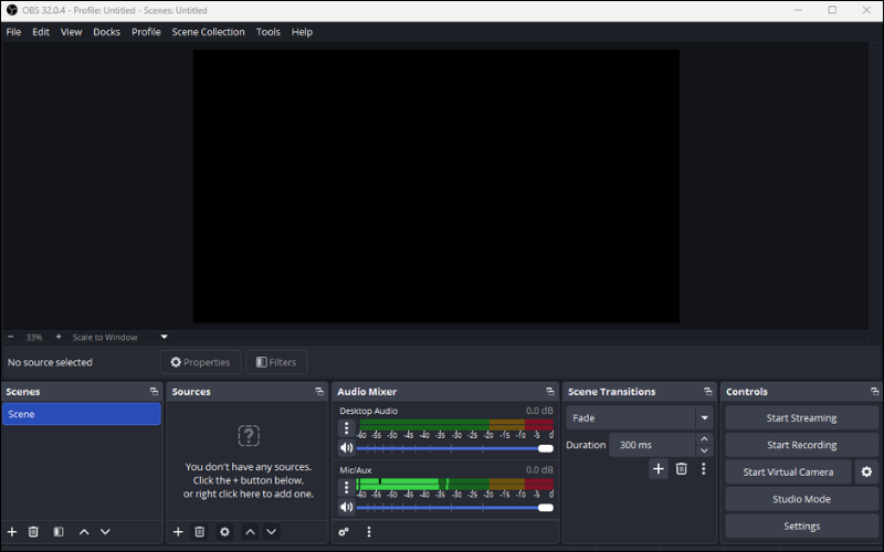 Giao diện chính của OBS Studio