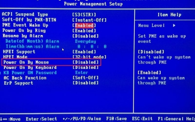 Kích hoạt tính năng mở máy bằng chuột