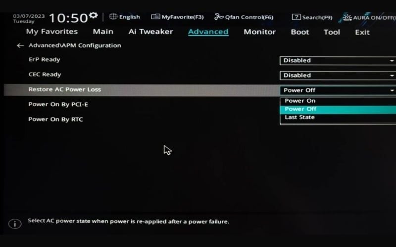Chọn&nbsp;giá trị Power On