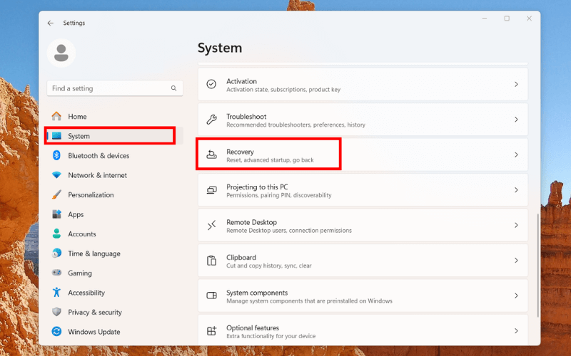 Chọn Recovery để vào BIOS