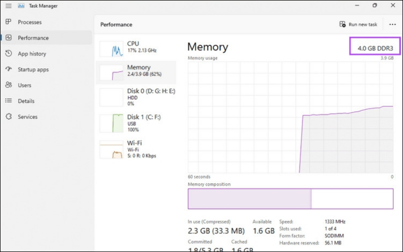 Kiểm tra loại RAM tại tab Memory
