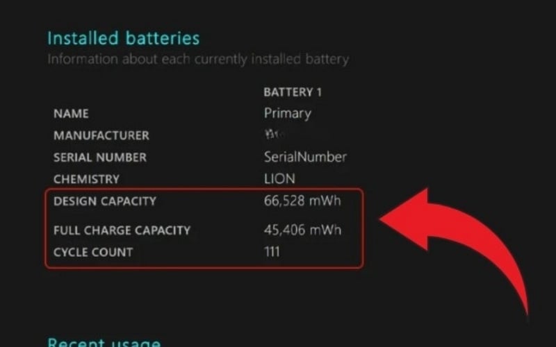 Hãy chú ý đến hai thông số Design Capacity và Full Charge Capacity
