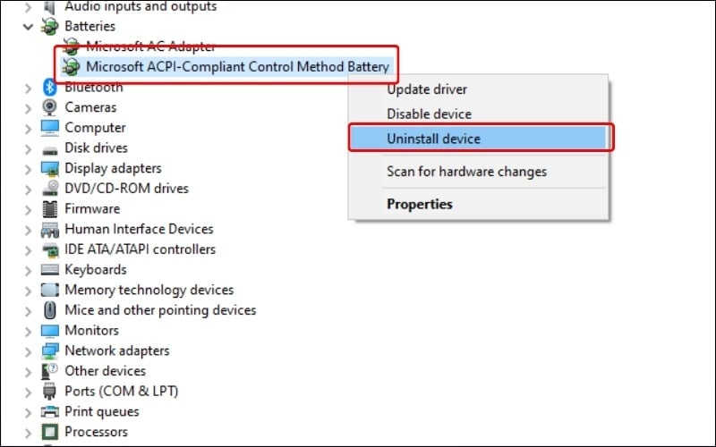 Chọn Uninstall device và khởi động lại laptop để máy cài lại driver