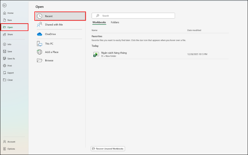 Xem các file đã mở&nbsp;gần đây tại mục Recent