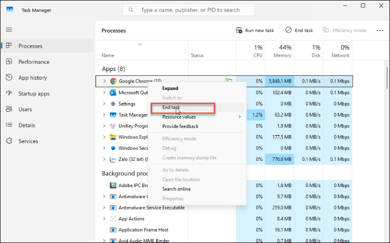 Nhấp chuột phải vào ứng dụng và chọn End task