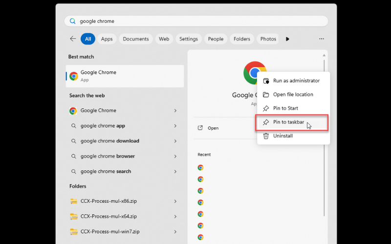 Chọn Pin to taskbar để ghim ứng dụng vào thanh tác vụ