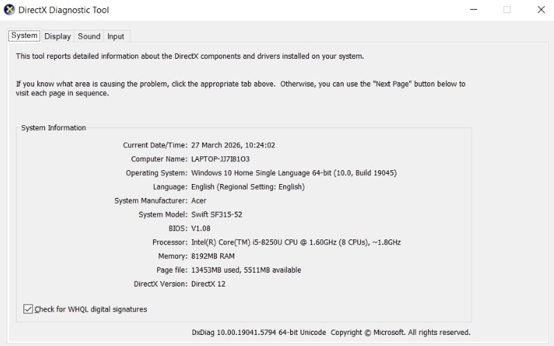 Kiểm tra CPU và RAM của laptop Acer trong hộp thoại&nbsp;DirectX Diagnostic Tool