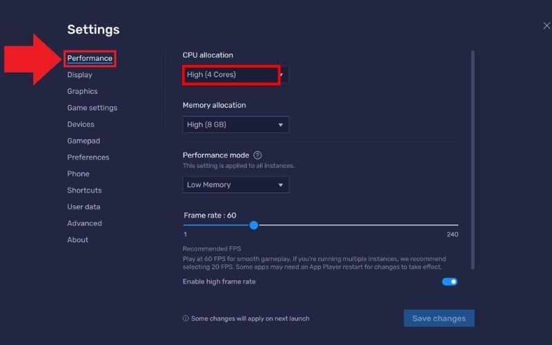 Thiết lập CPU từ 2 Cores trở lên tại mục Performance