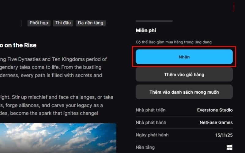 Nhấn Get (Nhận) để bắt đầu cài đặt game