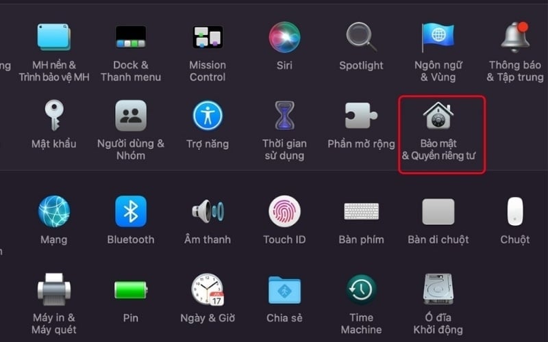 Tìm chọn mục Privacy & Security