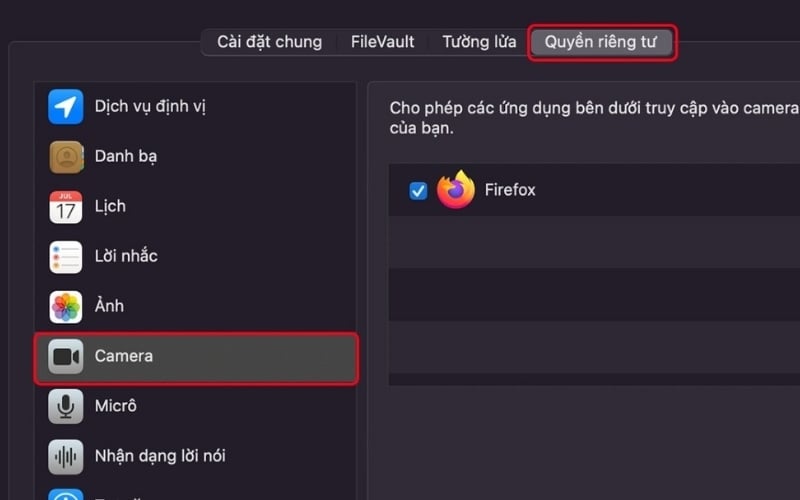 Bỏ chọn&nbsp;các ứng dụng bạn không muốn cấp quyền sử dụng camera