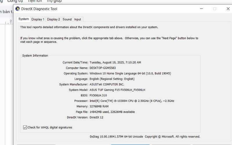Lệnh dxdiag và System Properties không cho biết kích thước inch