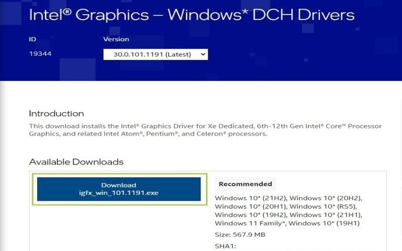 Cập nhật driver card màn hình thủ công từ trang chủ Intel
