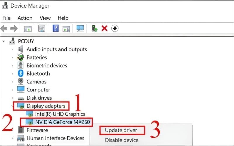 Nhấn chuột phải vào tên card màn hình và chọn Update driver