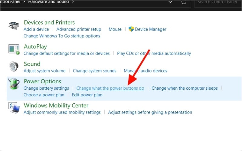 Nhấn vào dòng Choose what the power buttons do