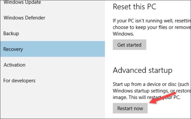 Tìm và chọn tab Recovery trong danh sách tùy chọn hiển thị