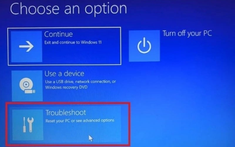 Chọn Troubleshoot từ màn hình Choose an option