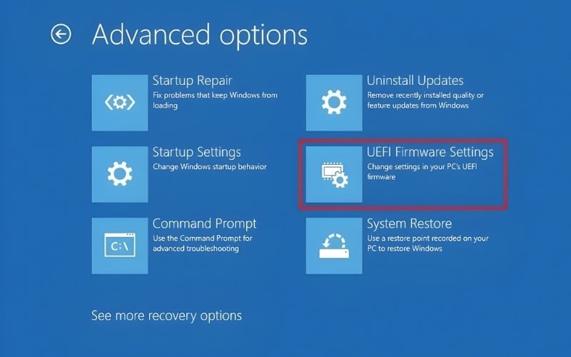 Nhấn vào&nbsp;UEFI Firmware Settings&nbsp;và chọn Restart