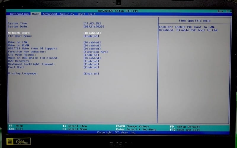Trong tab Main, bạn nên tìm dòng F12 Boot Menu và chuyển sang trạng thái Enabled