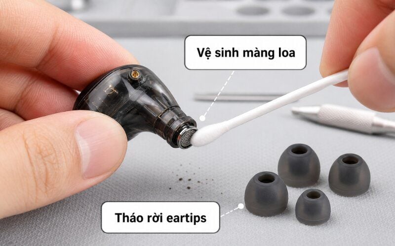 Dùng tăm bông khô hoặc chổi mềm chải nhẹ từ trong ra ngoài màng loa