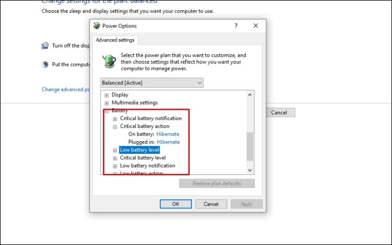 Tại Critical battery action > On battery, chọn Hibernate